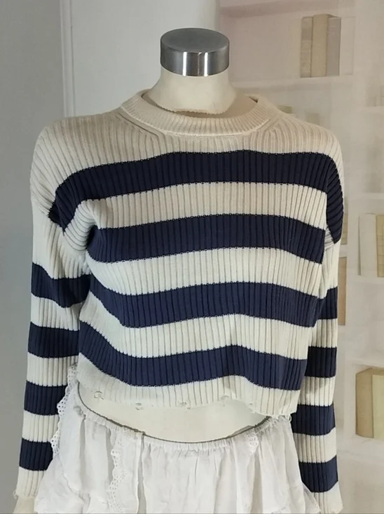 Pink Rose Striped Rib-Knit Crew Sweater in Cream & Navy - Picture 4 of 5